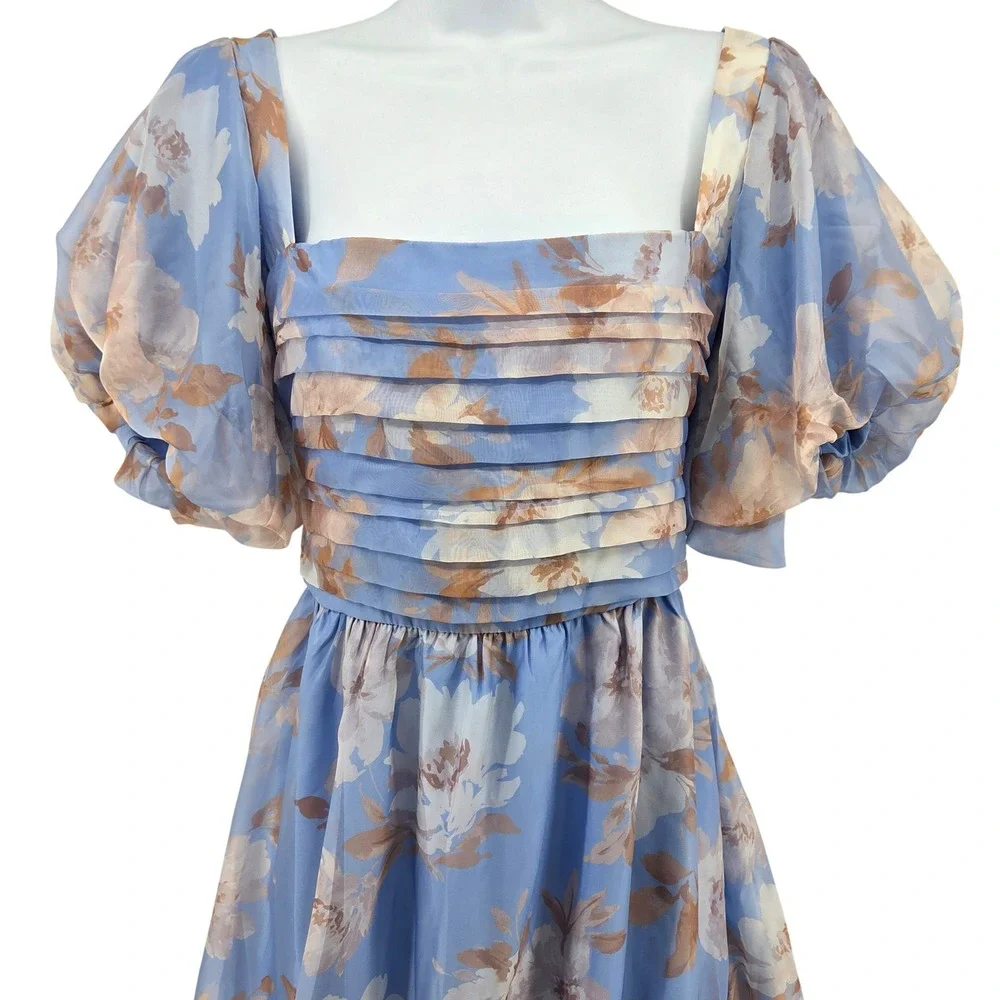 Abercrombie & Fitch Emerson Drama Bow Back Maxi Dress LP Blue Floral Puff Sleeve